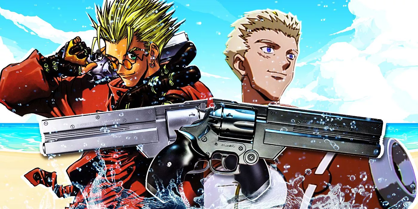 Images Vash and Knives from the original Trigun and Stampede behind the Fullcock Trigun water guns.