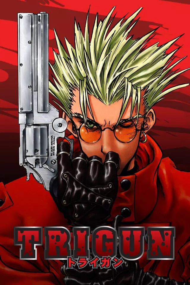 The 1998 Trigun TV poster depicts Vash the Stampede holding a gun pointing upward and looking serious.