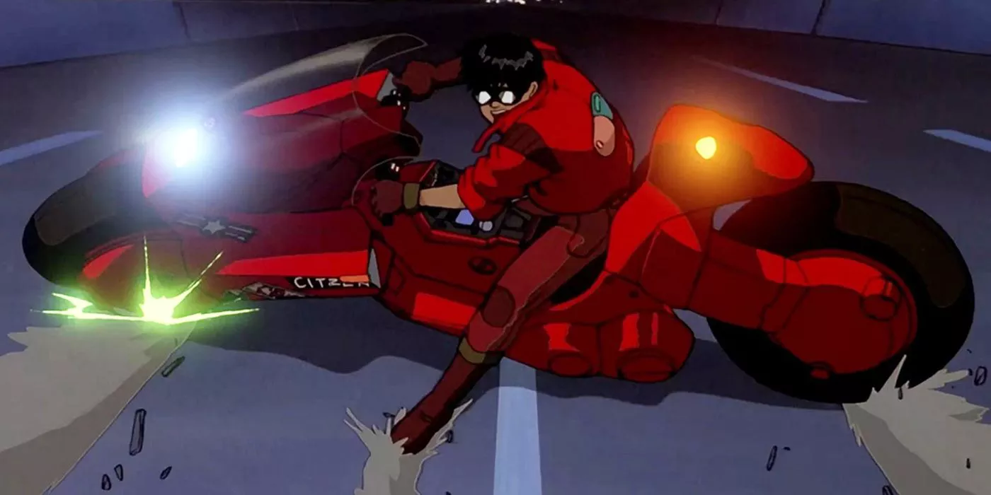 Kaneda slides while riding his motorcycle in Akira.