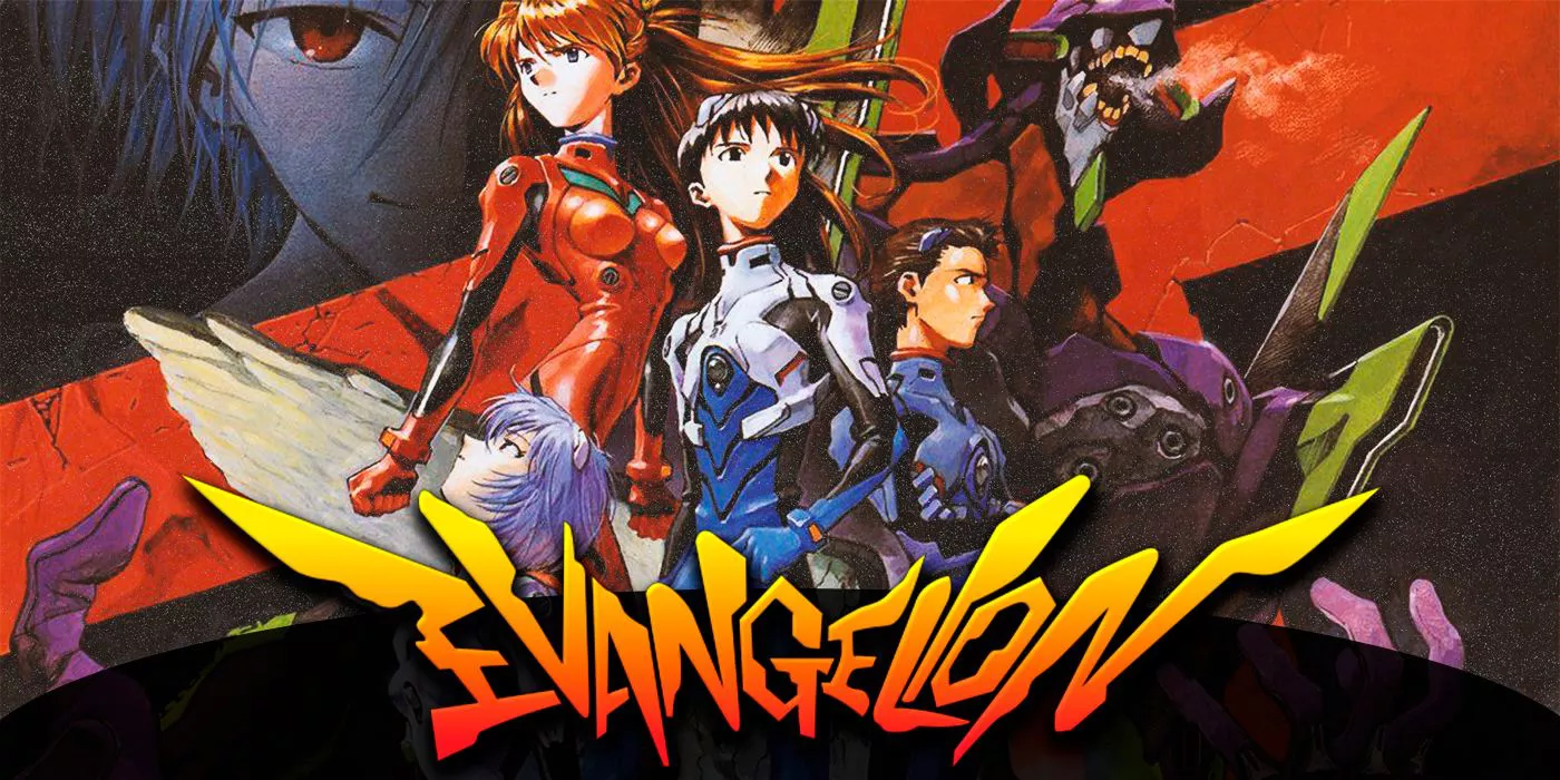 Neon Genesis Evangelion with Shinji, Asuka and Toji with franchise logo