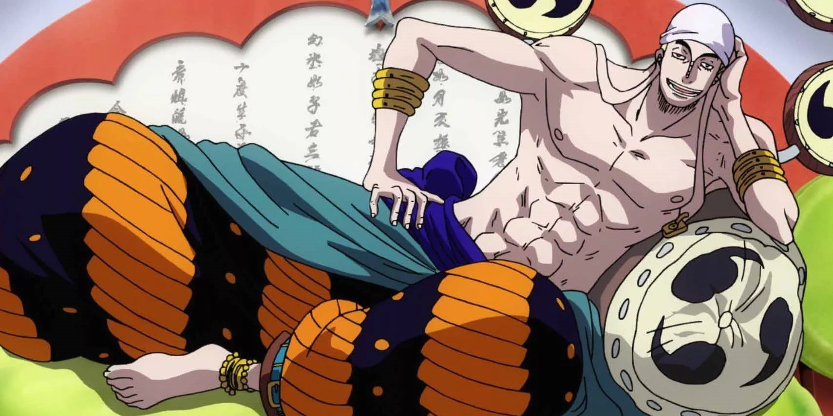 Enel lounges on a pillow in Skypiea during his One Piece debut.