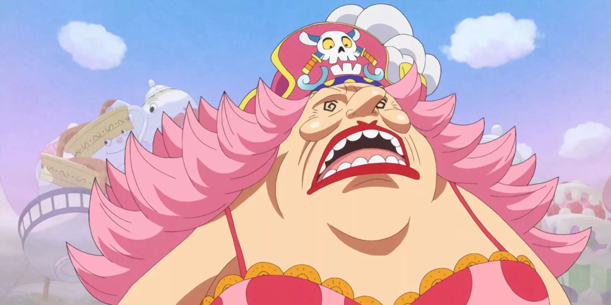 Big Mom stands in a daze after a cake is destroyed during One Piece's Whole Cake Island Arc.