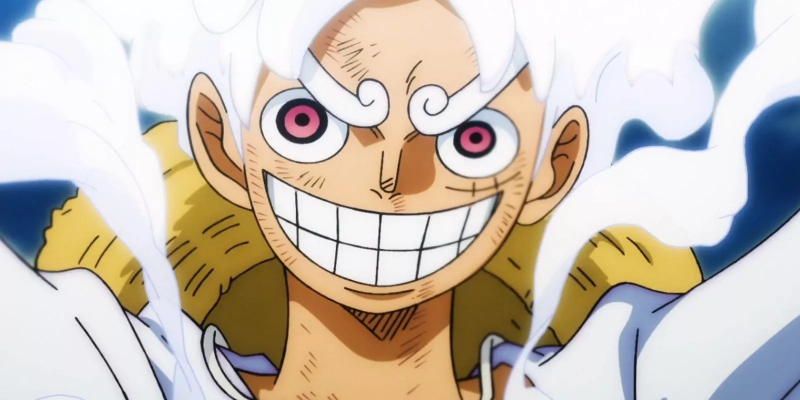 Monkey D. Luffy smiles menacingly after transforming into his Gear 5 state during the Wano Country Arc in One Piece.