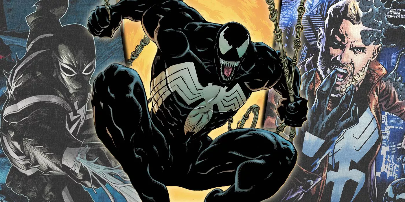 Split image of Venom with Flash Thompson's Agent Venom and Eddie Brock's King in Black from Marvel Comics