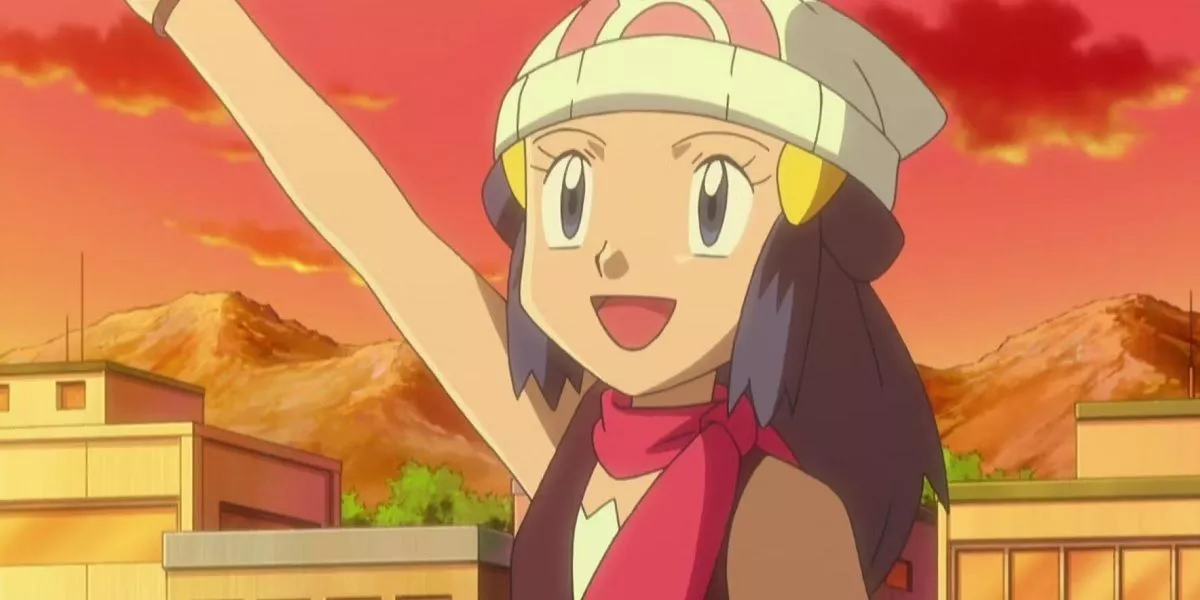 Dawn sonriendo y saludando en Pokémon Diamond y Pearl.