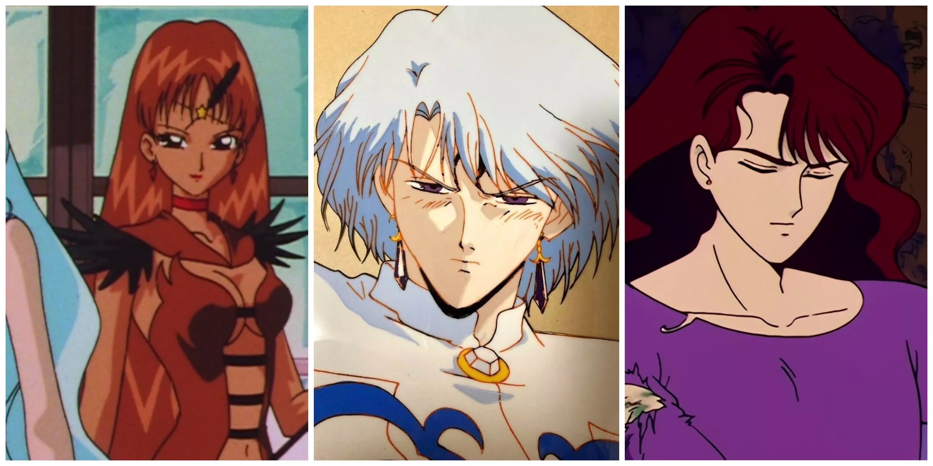 Personajes de Sailor Moon de los años '90: Sailor Aluminum Crow, un Prince Demande furioso y un Nephrite herido.