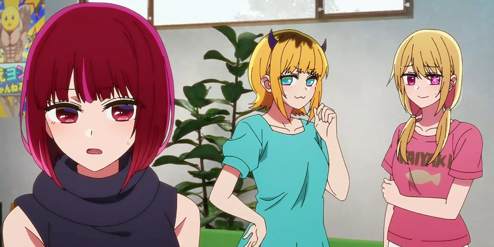 Kana Arima pouting with Ruby and Mem-Cho in Oshi no Ko.