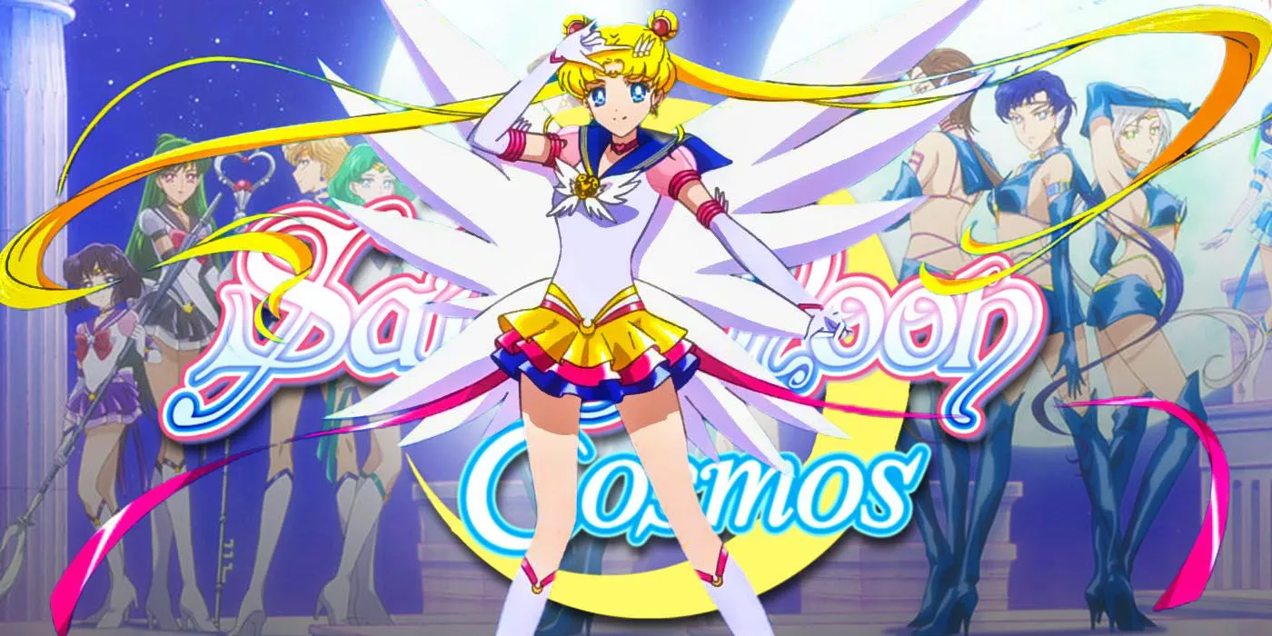 Sailor Moon in front of Sailor Moon Cosmos poster