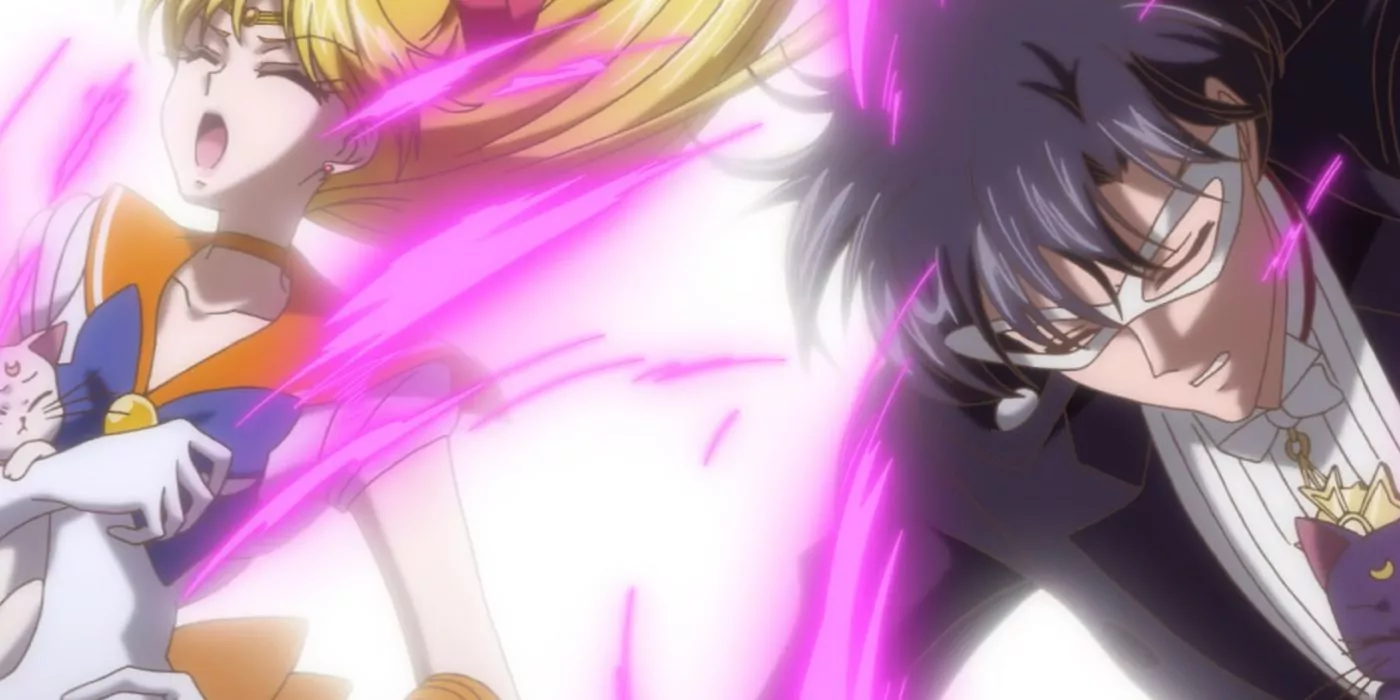 tuxedo mask and sailor venus get hit by sailor pluto's attack in sailor moon crystal