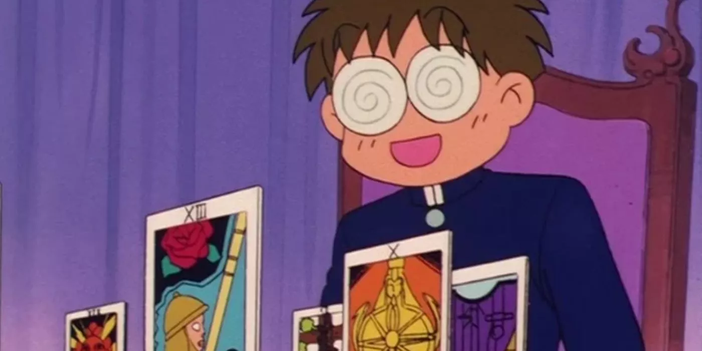 Umino teniendo sus cartas de tarot leídas en Sailor Moon.