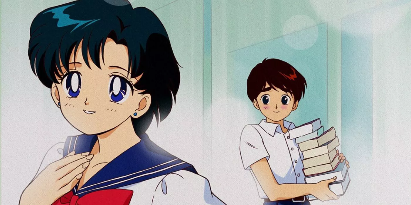 Ryo Urawa sosteniendo libros y mirando a Ami Mizuno, Sailor Mercury, en Sailor Moon.