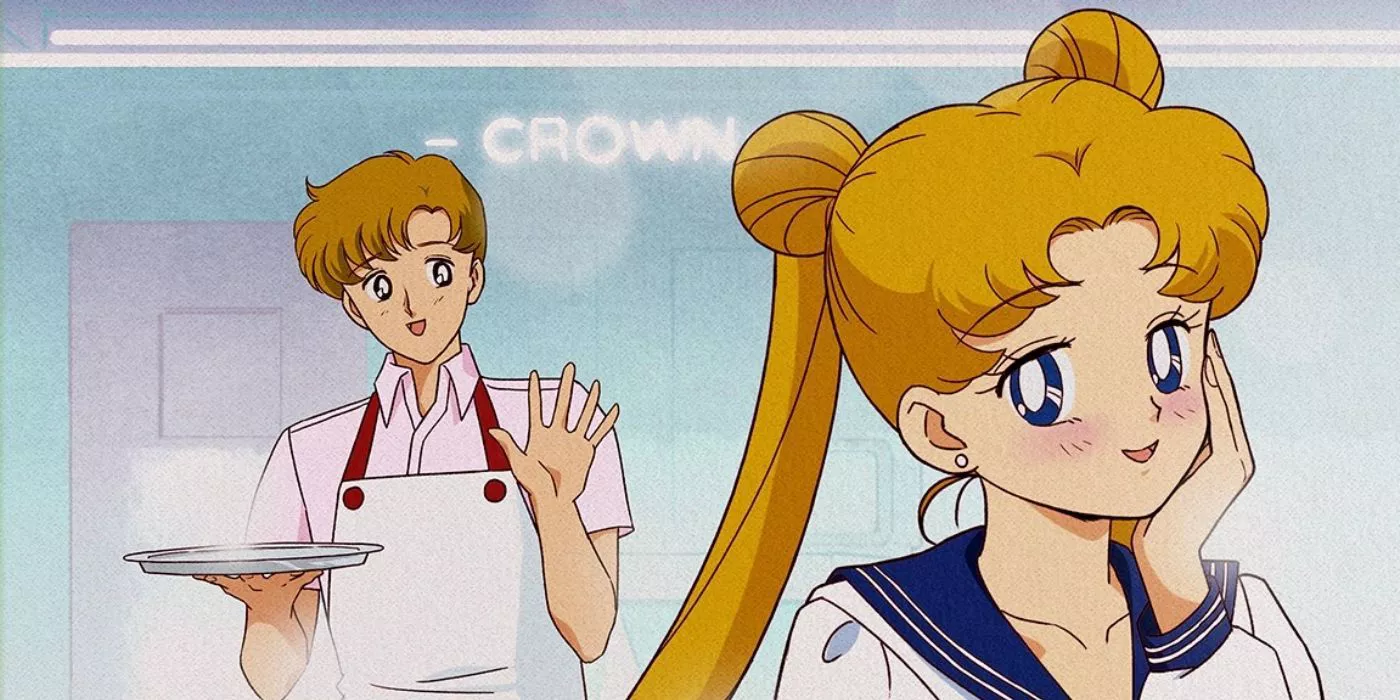 Usagi sonriendo y sonrojándose ante Motoki Furuhata en Sailor Moon.