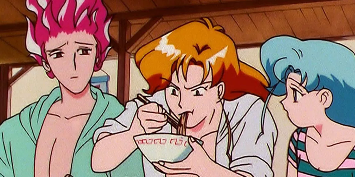 Hawk's Eye and Fish Eye watching Tiger's Eye eat in the original Sailor Moon anime.