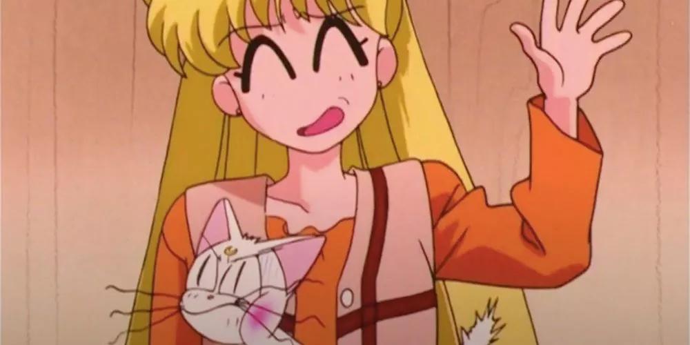 Minako awkwardly waves, with Artemis, in Sailor Moon anime.