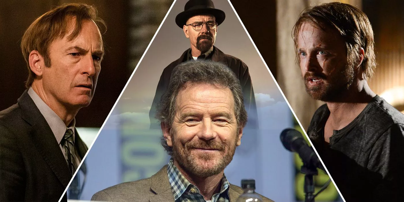 Bryan Cranston frente a Walter White en el centro. Saul Goodman a la izquierda y Jesse Pinkman a la derecha