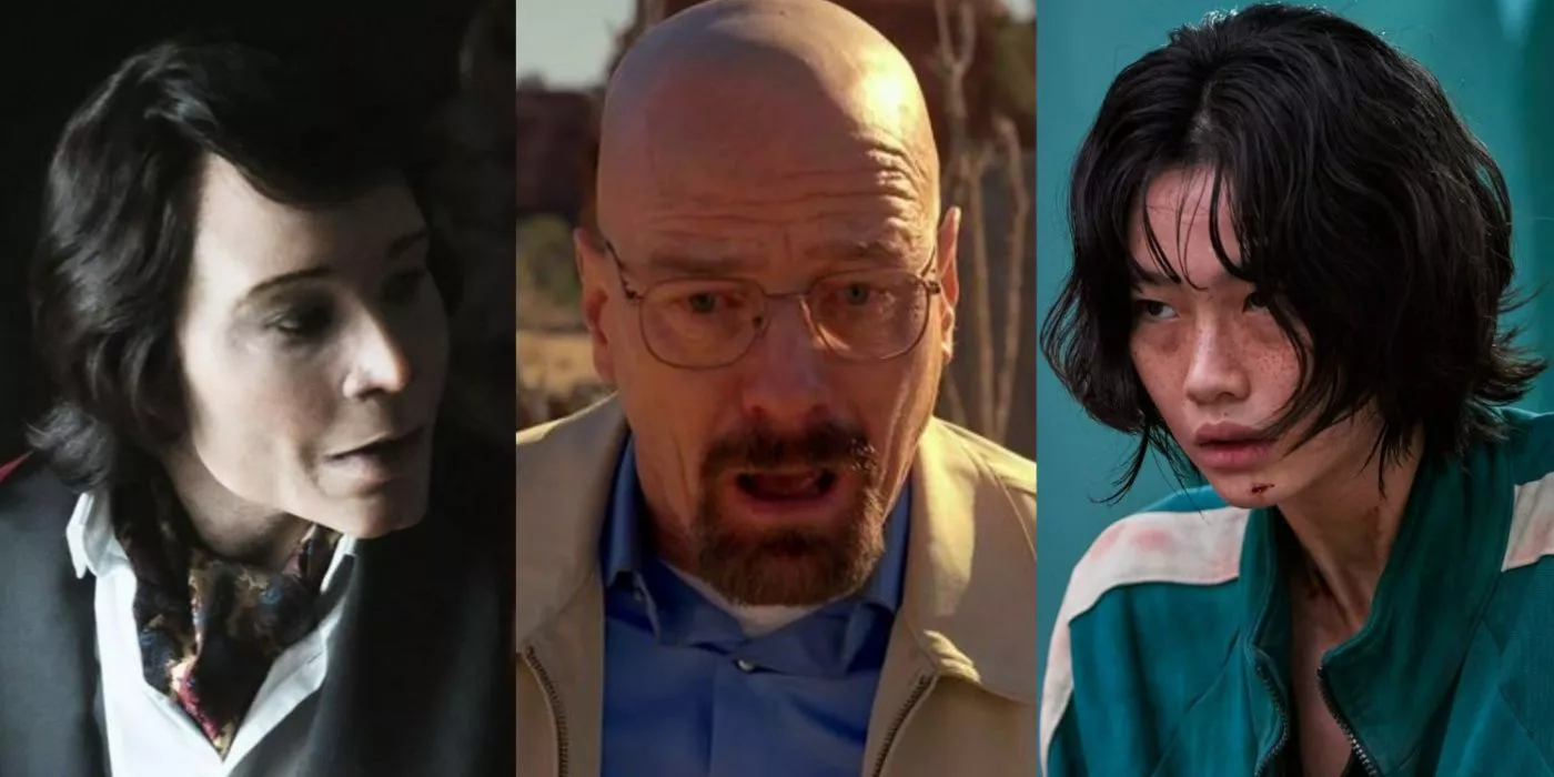 Una imagen dividida de Teddy Perkins de Atlanta, Walter White de Breaking Bad y Kang Sae-byeok de Squid Game