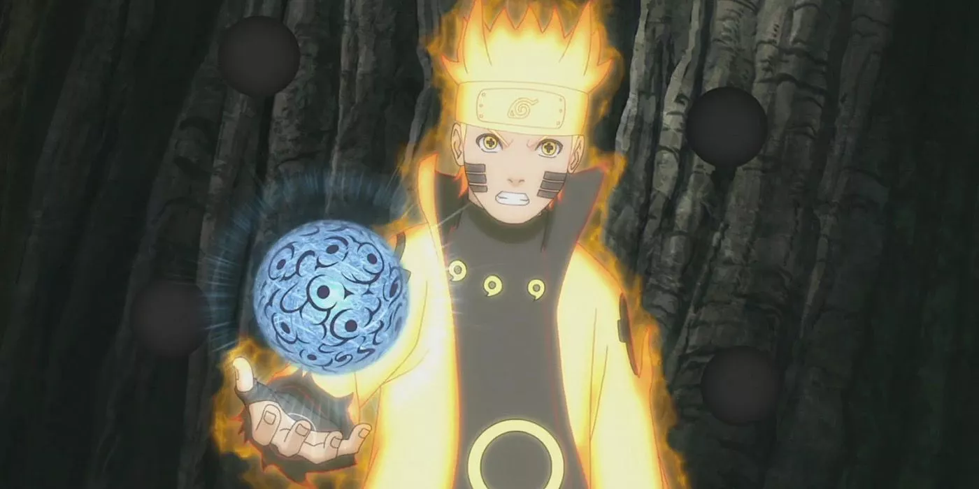 Naruto Uzumaki is holding the Magnet Style Rasengan in Six Paths Sage Mode in Naruto Shippuden.