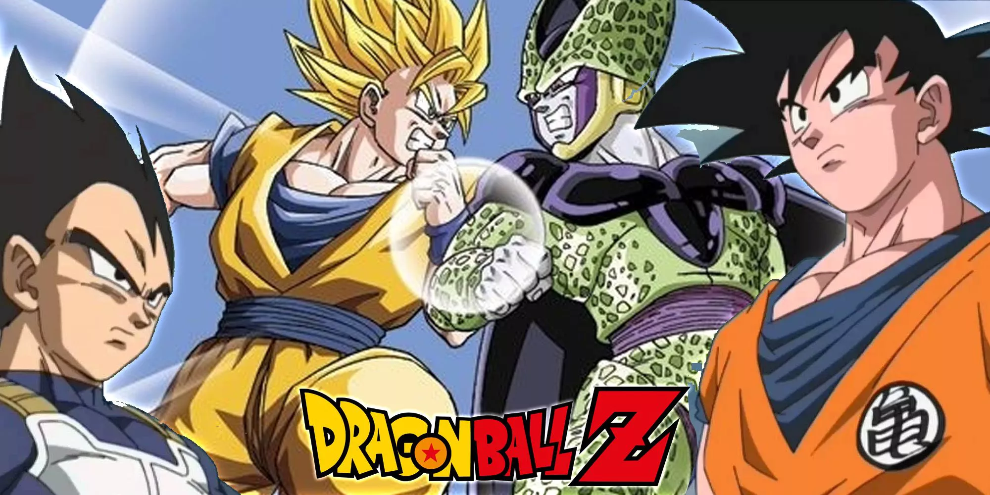 Dragon Ball Z Vegeta and Goku Split with Goku and Perfect Cell in the center