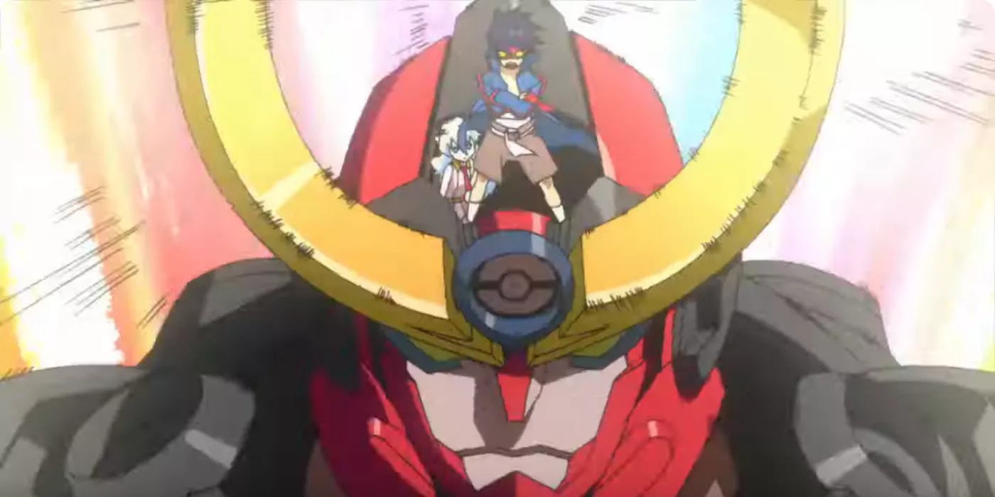 Simon is standing on top of a mecha in Gurren Lagann after giving a speech.