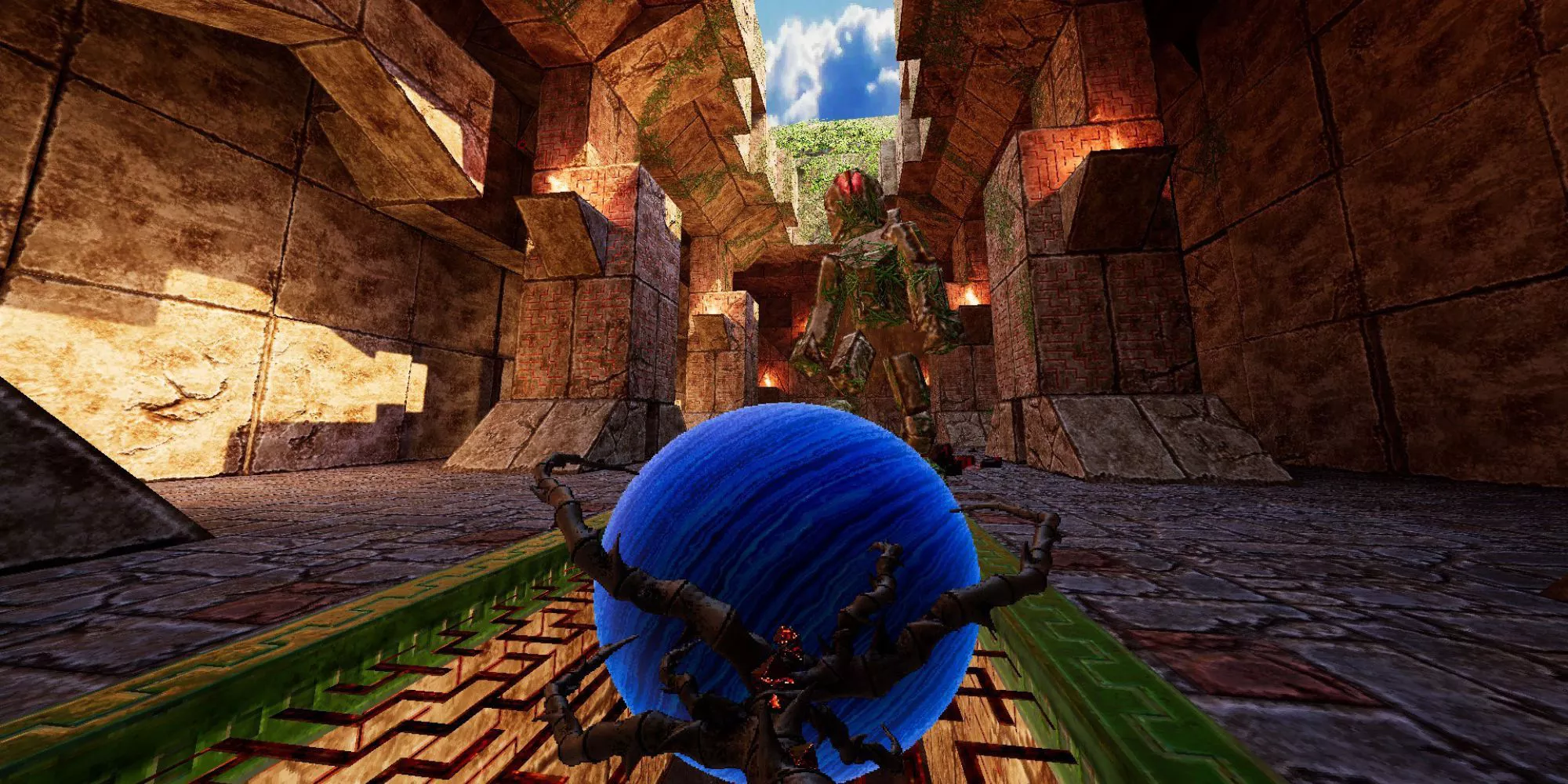 a giant blue orb in a cavernous environment in Amid Evil