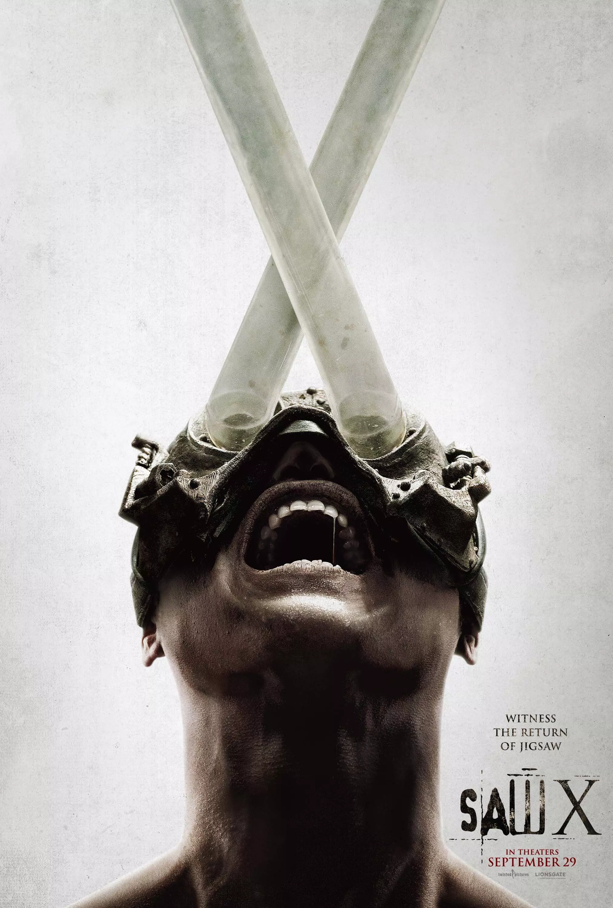 The Saw X film poster depicts someone screaming with a trap on their eyes.