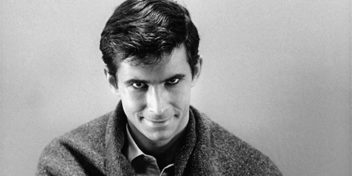 Norman Bates (Anthony Perkins) looks directly at the camera in Alfred Hitchcock's Psycho (1960).