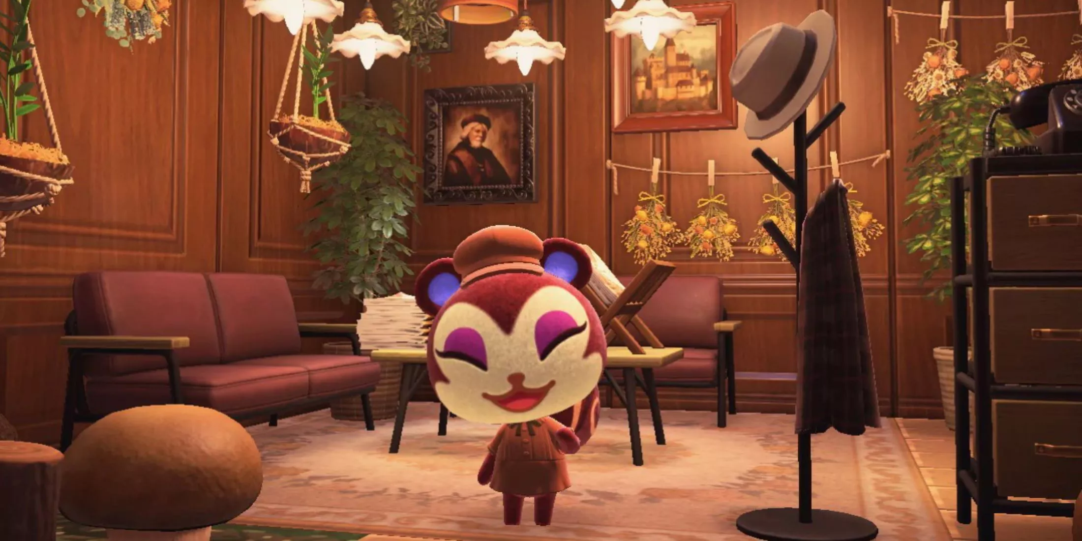 Pecan ríe en su casa en Animal Crossing: New Horizons.