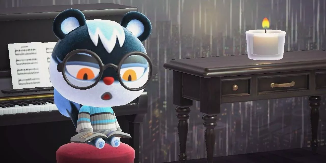 Tasha sentada en un piano y leyendo un libro en Animal Crossing: New Horizons