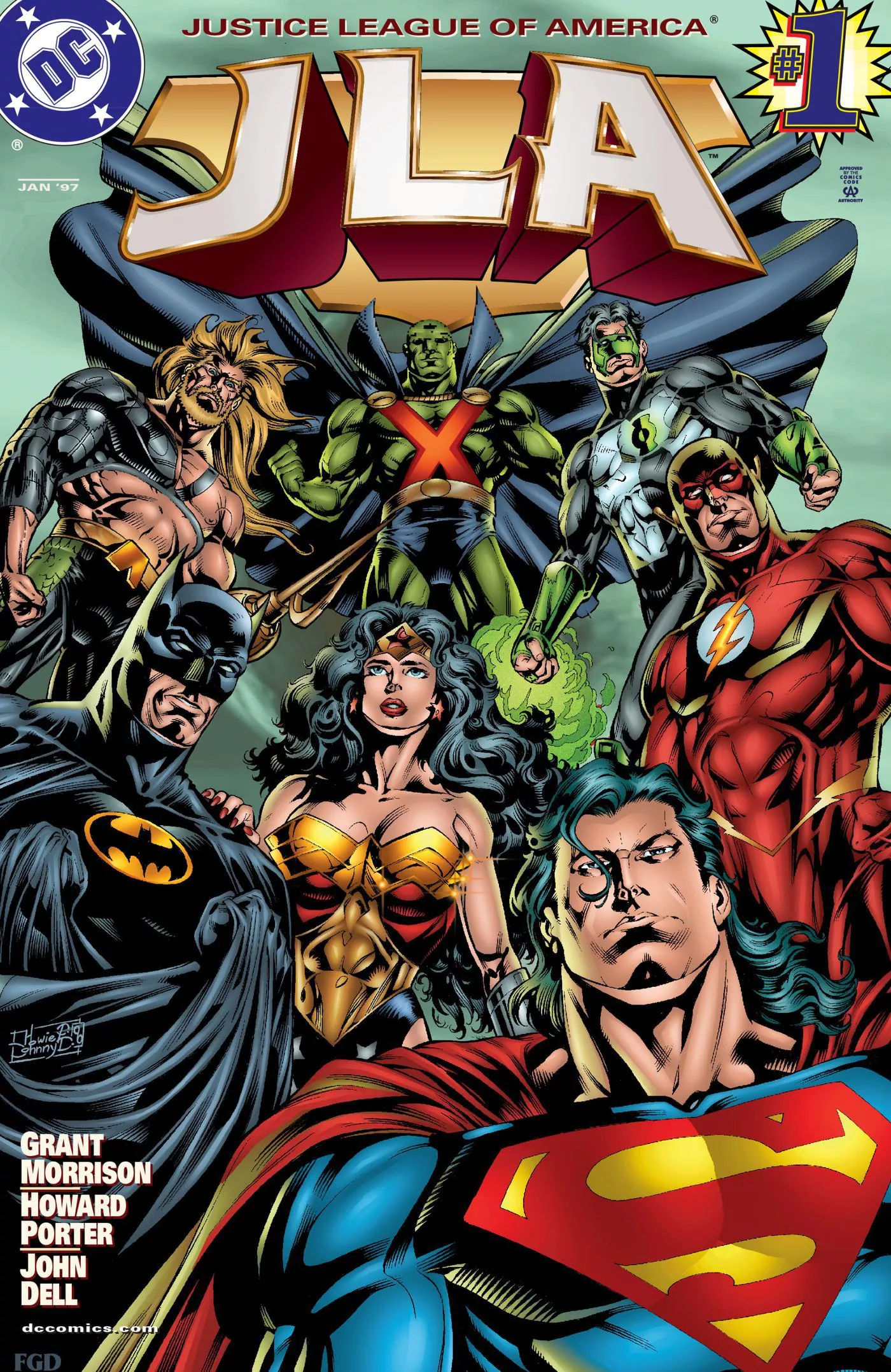 The Justice League, including Superman, Batman, Wonder Woman, Flash, Green Lantern, Aquaman and Martian Manhunter, pose together on the Justice League of America Vol. 1 comic cover.