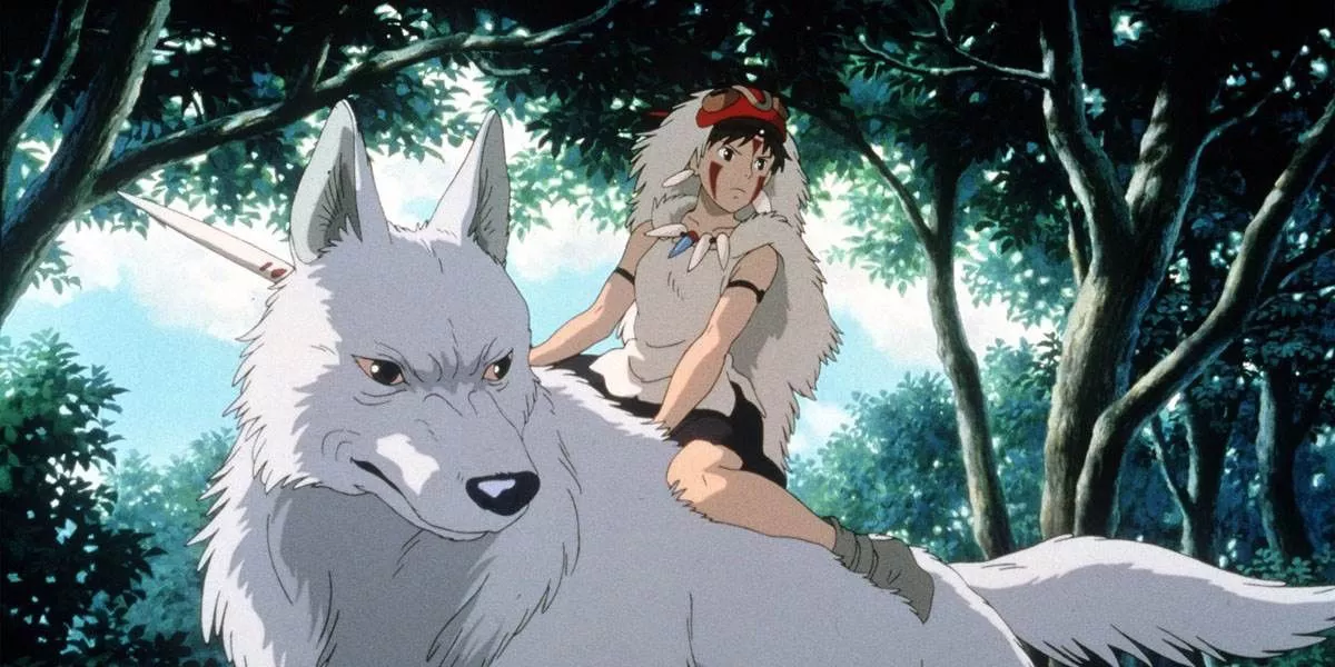 Studio Ghibli's Princess Mononoke shows San riding the wolf god Moro