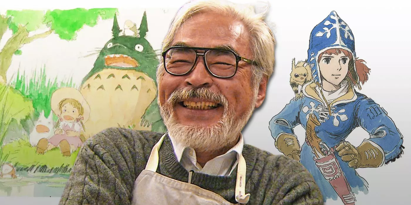 Studio Ghibli's Hayao Miyazaki with original My Neighbor Totoro and Nausicaa artwork