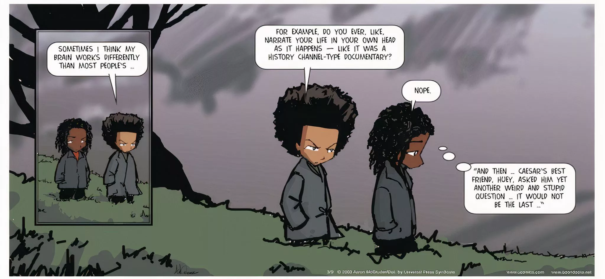 The Boondocks comic strip where Huey and Ceasar walking and talking about daydreaming your life's narration