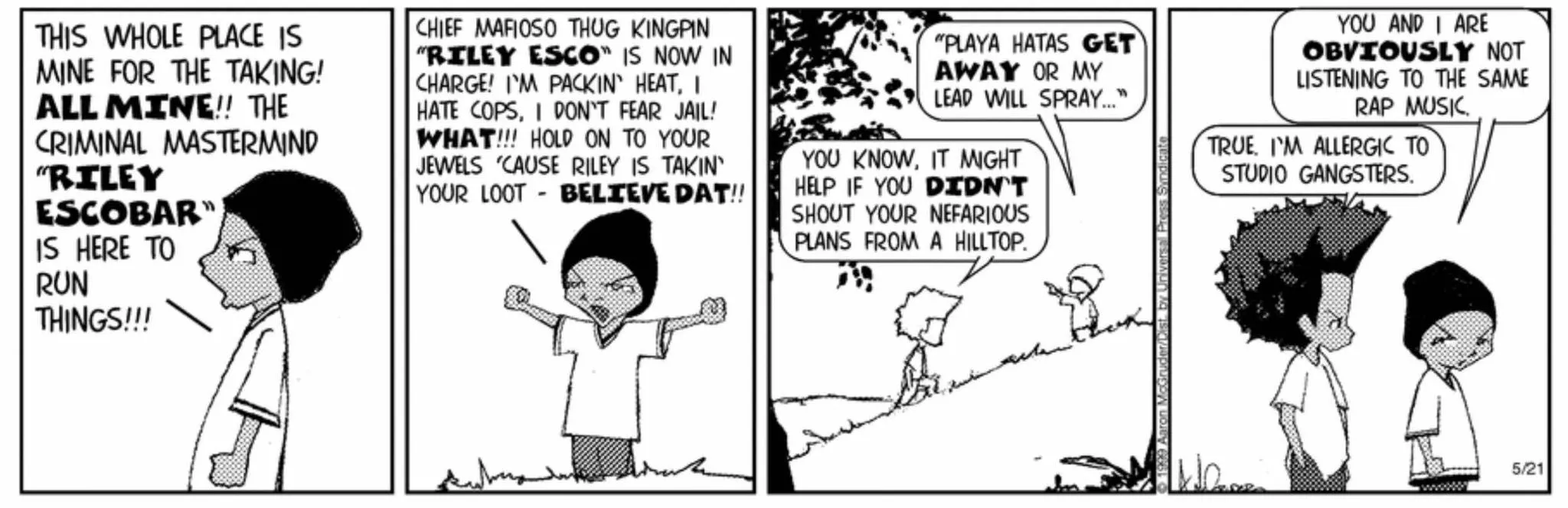 The Boondocks comic strip where Riley shouts from the hilltop what Huey calls his 'nefarious plans'