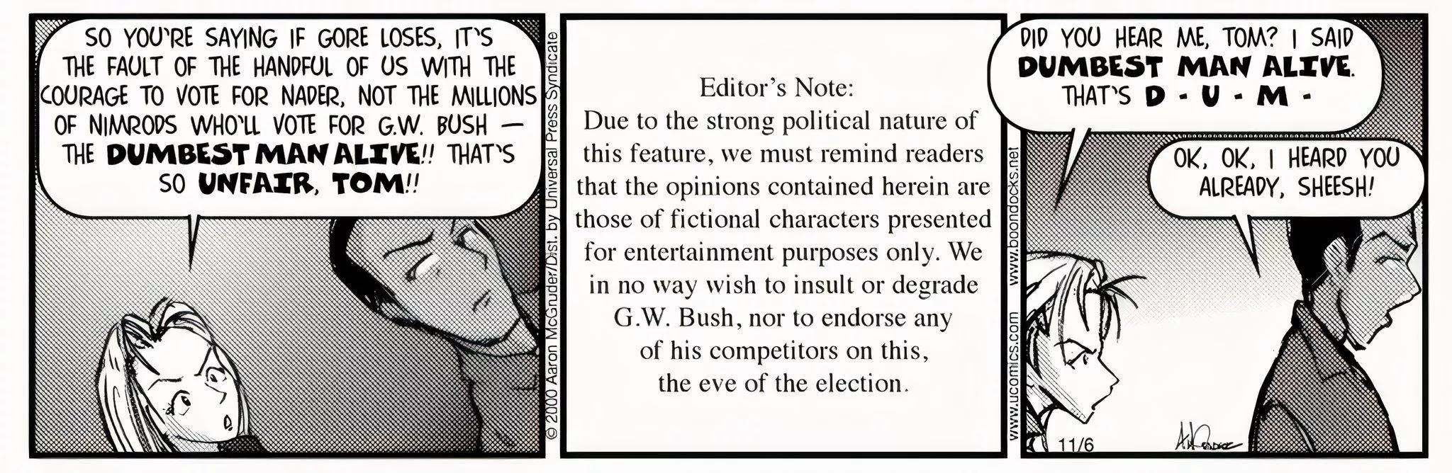 The Boondocks comic strip where Sarah yells at Tom, defending her Green Party vote, saying the problem is Bush voters not her