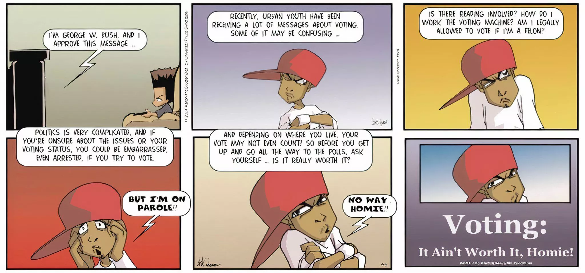 The Boondocks comic strip where Huey watches a Bush re-election ad that tells 'urban youth' that voting isn't worth it