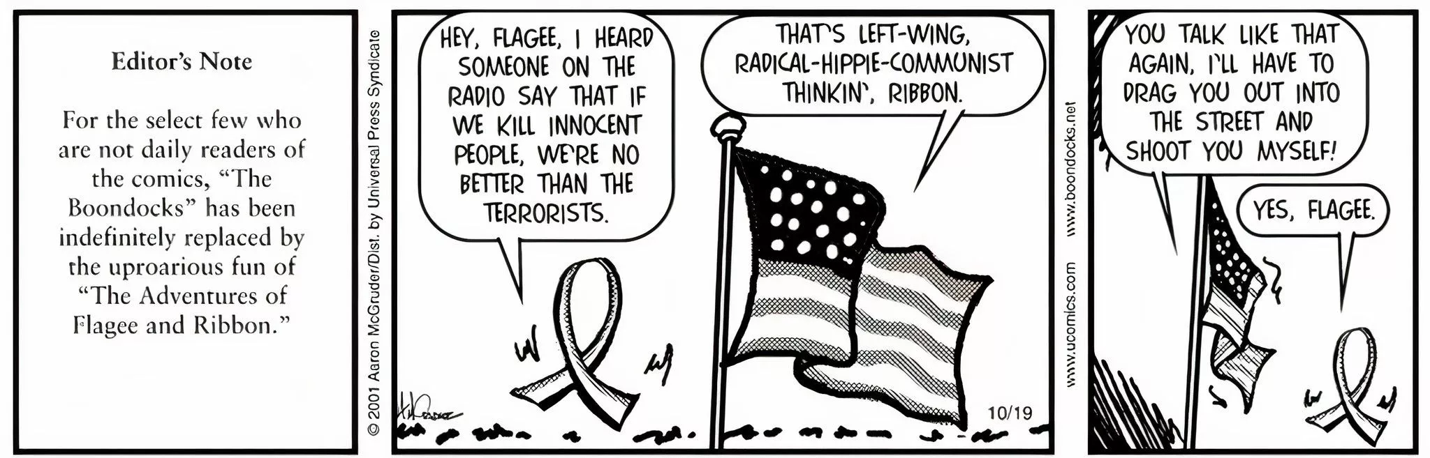 The Boondocks comic strip where Ribbon questions the War on Terrorism and Flagee tells him to shut up