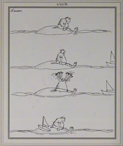 A stranded man in The Far Side watches a boat approach, but it's just a toy.