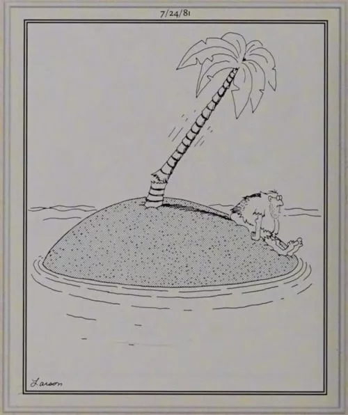 A stranded man is about to get hit by a falling palm tree.