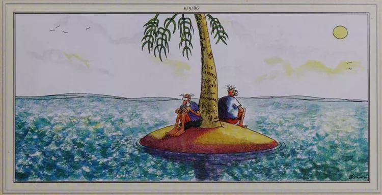 Two men sit stranded under a palm tree.