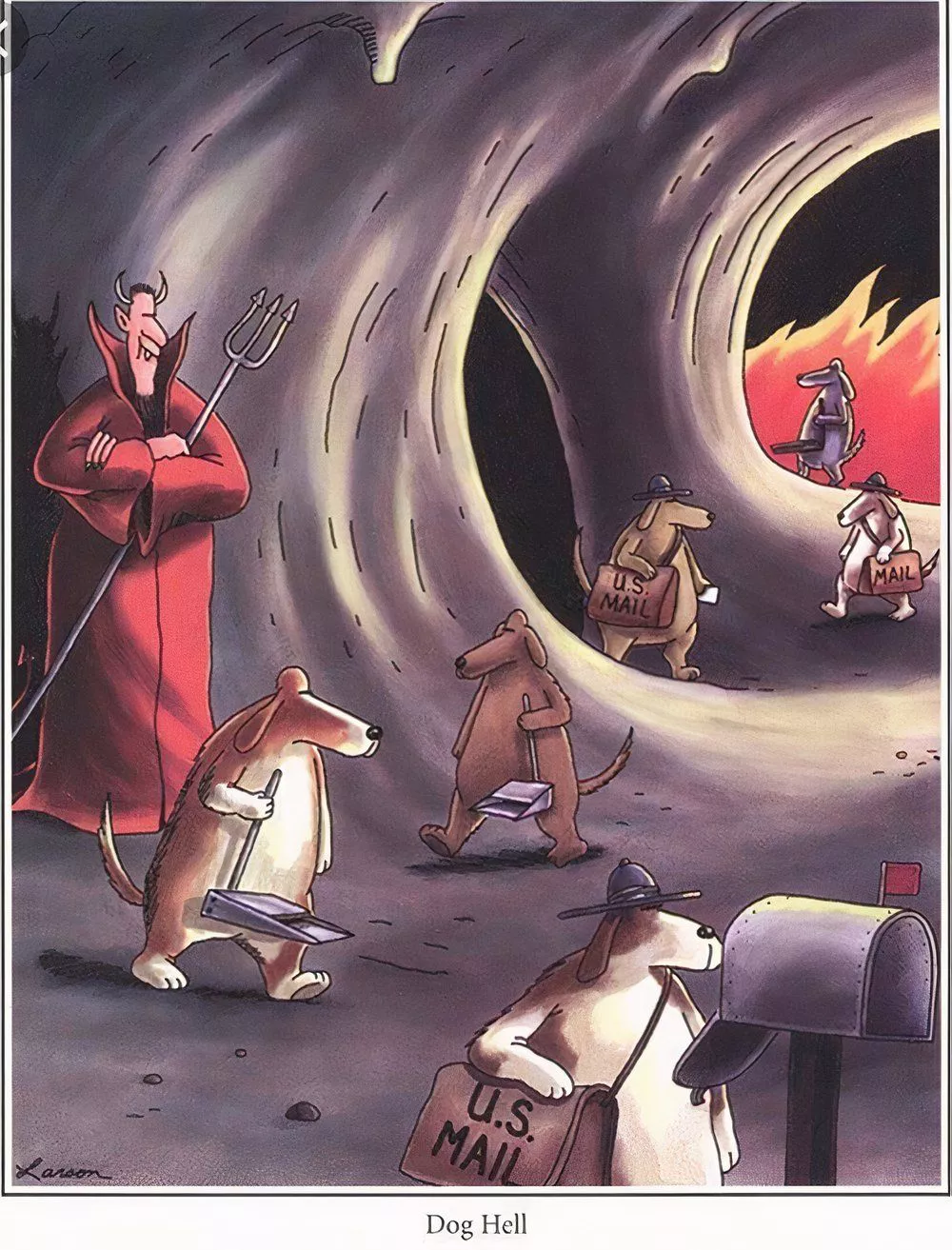 Dogs scoop poop and deliver mail in The Far Side's version of Dog Hell.