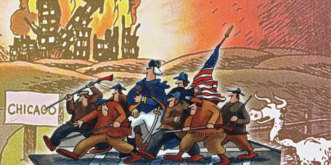 Split images show George Washington crossing the street and cows starting the Chicago fire from The Far Side