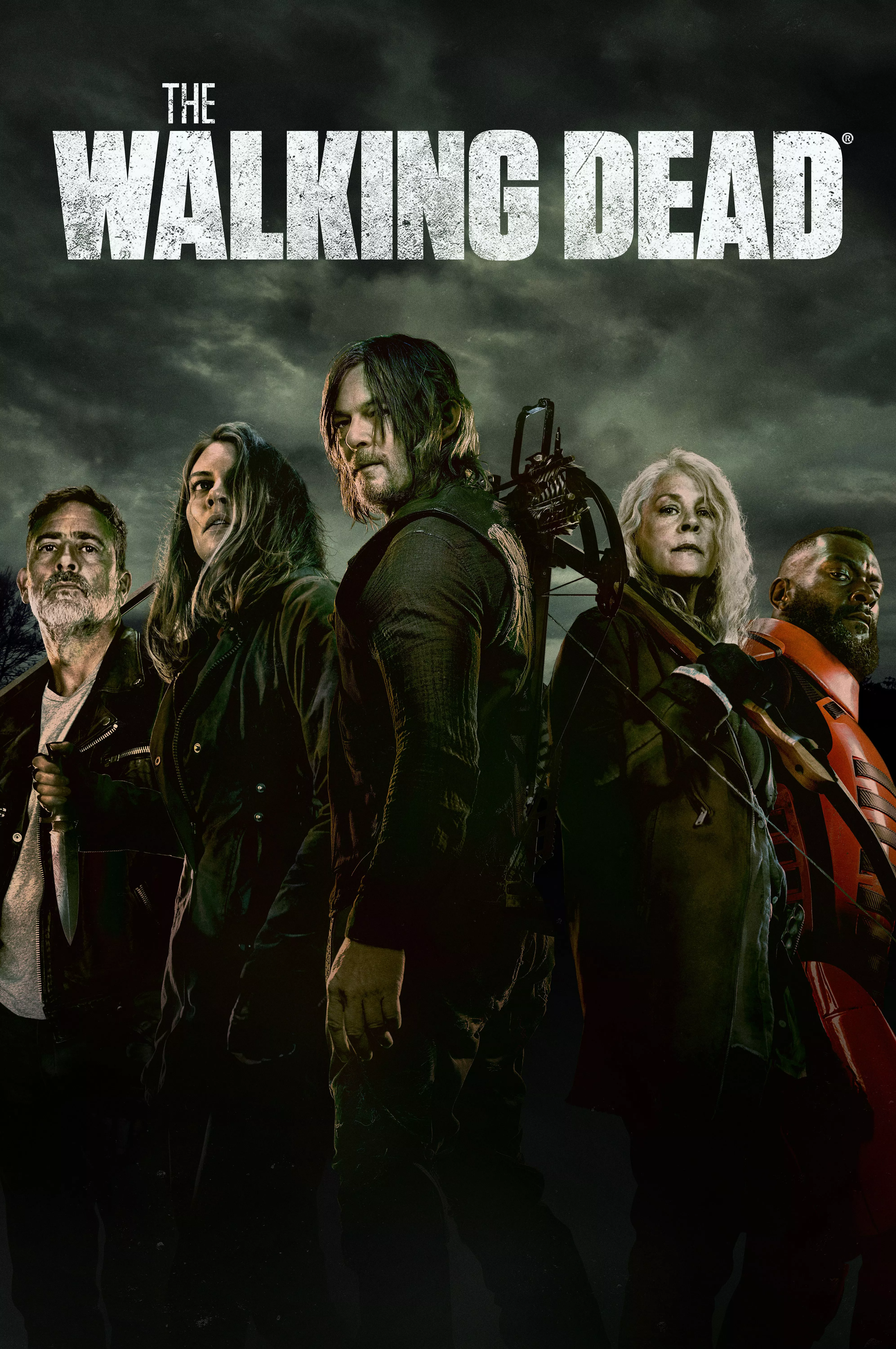 El póster de The Walking Dead depicting personajes bajo un cielo gris nublado, incluyendo a Daryl Dixon.