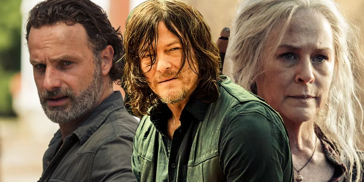 Rick Grimes (Andrew Lincoln), Daryl Dixon (Norman Reedus) y Carol Peletier (Melissa McBride) en The Walking Dead