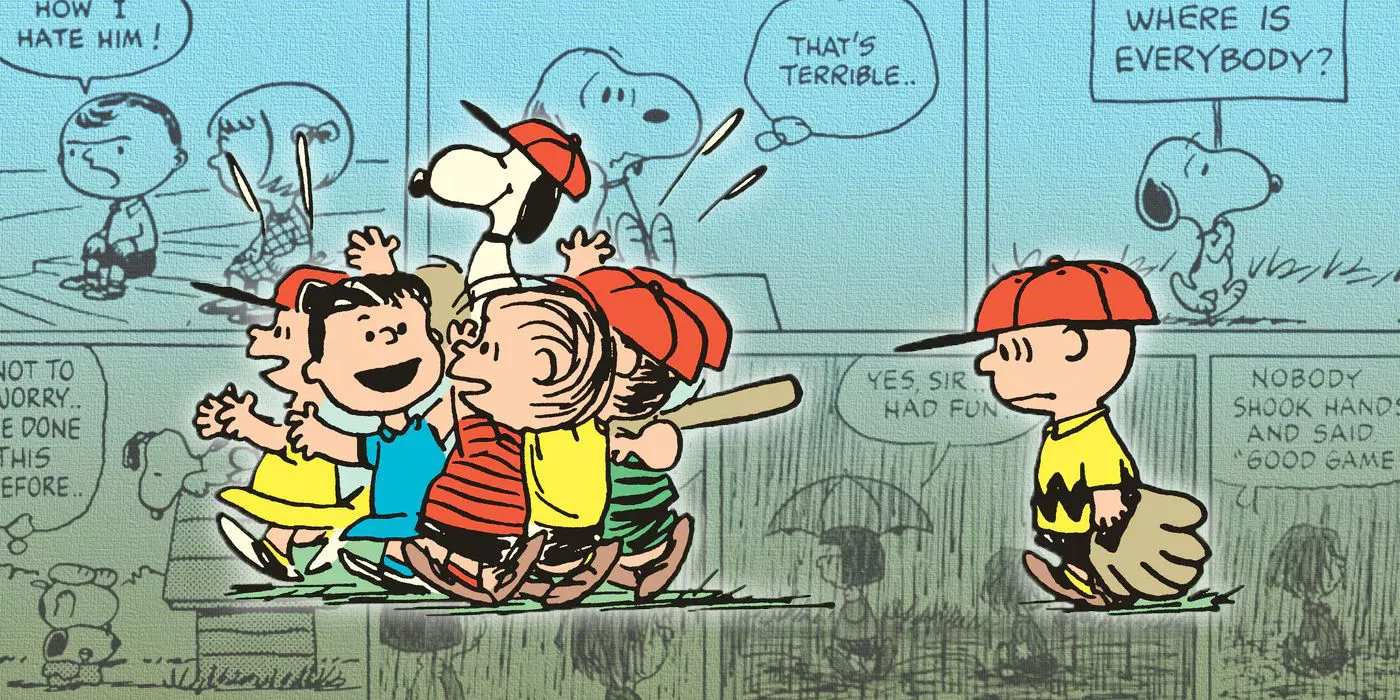 Split image of the Peanuts characters playing baseball with comics in the background