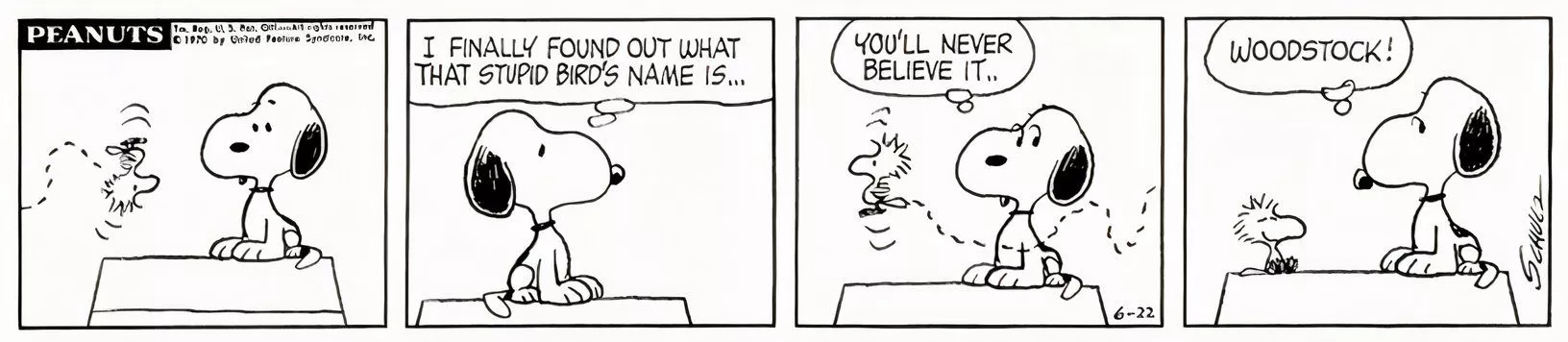 Comic strip where Woodstock is introduced by name in 1970 Peanuts.