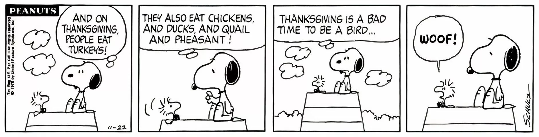 Snoopy discusses Thanksgiving dinner customs with Woodstock.