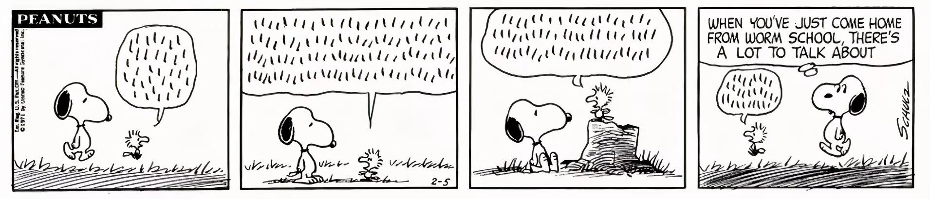 Woodstock retells a day of worm school to Snoopy.