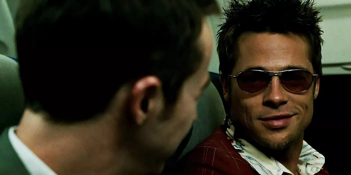 Tyler Durden y el narrador hablan en el avión en Fight Club