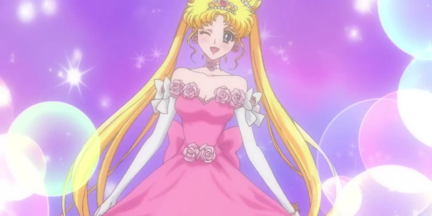 Usagi transforming into a princess in a ballgown disguise in Sailor Moon