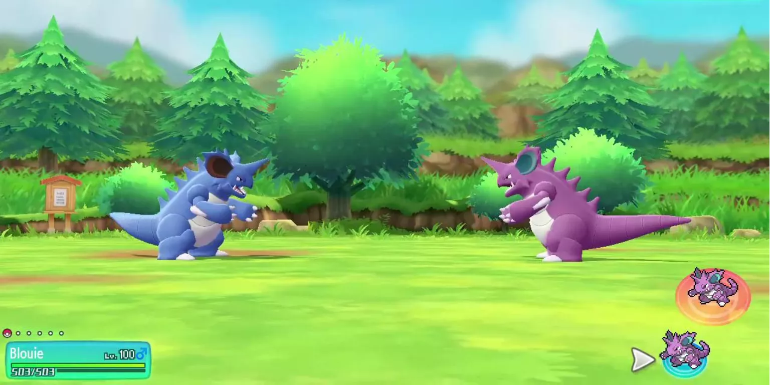 Un Nidoking Shiny batalla con el Nidoking de un Maestro Entrenador en Pokémon Let's Go, Pikachu y Eevee.